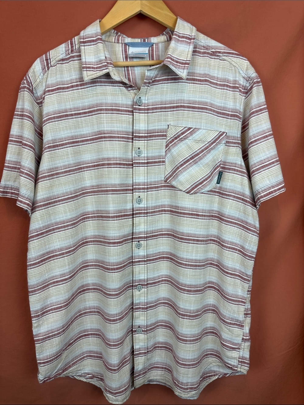 Columbia Short-Sleeve Striped Button-Down Shirt - Cream & Rust